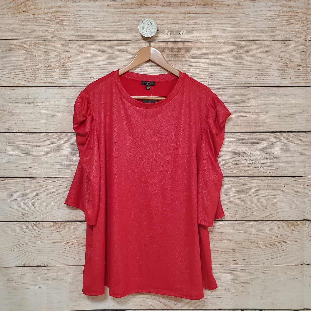 NWT Cocomo Woman Red Shimmer 3/4 Ruffle Sleeve Blouse 3X